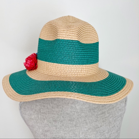Sun Hat Pom Pom Stripe Teal Tan One Size - Picture 3 of 8